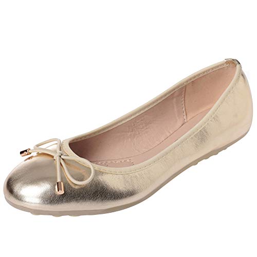 ANUFER Damen Runde Spitze Slip-on Ballerinas Bezaubernd Bowknot Pumps Dolly Schuhe Runde Spitze Gold SN02752 UK2.5=EU35=CN35 von ANUFER