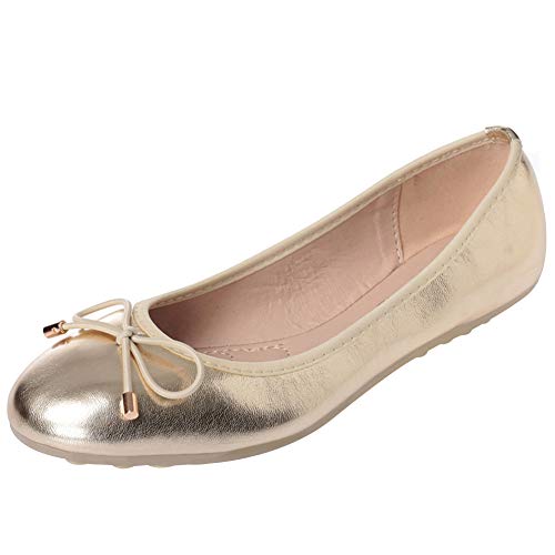 ANUFER Damen Schön Bowknot Weich Schlüpfen Ballerinas Pumps Dolly Schuhe Runder Zeh Gold SN02752 EU36 von ANUFER