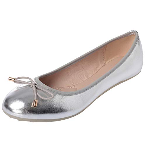 ANUFER Damen Schön Bowknot Weich Schlüpfen Ballerinas Pumps Dolly Schuhe Runder Zeh Silber SN02752 EU37 von ANUFER