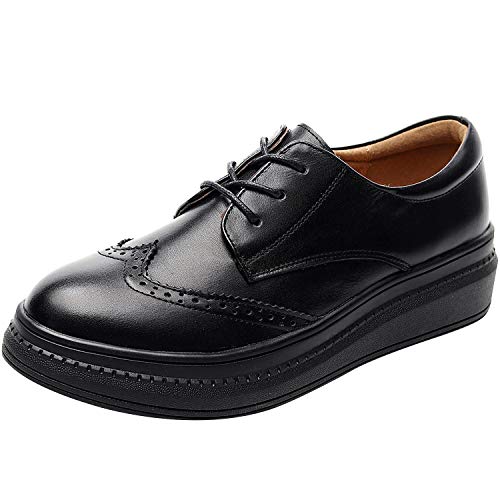 ANUFER Damen Stilvoll Echtes Leder Brogue Turnschuhe Schnürung Plateau Oxfords Schuhe Schwarz SN02406 EU35 von ANUFER