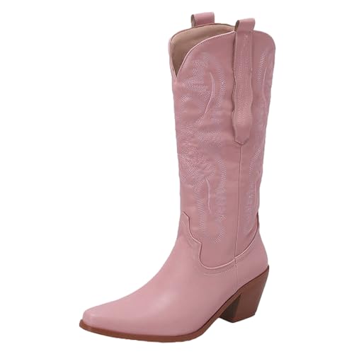 ANUFER Damen Stilvoll Gestickt Mittlere Wade Cowboystiefel Spitze Zehenpartie Blockabsatz Western Cowgirl Stiefeletten SN079130 Rosa EU40.5 von ANUFER