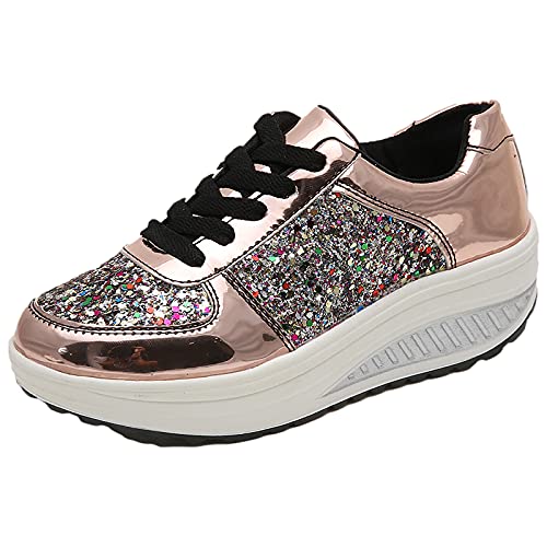 ANUFER Damen Super Leicht Plattform Turnschuhe Schnüren Keil Sportschuhe Gold SN070680 EU38 von ANUFER