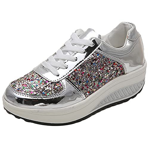 ANUFER Damen Super Leicht Plattform Turnschuhe Schnüren Keil Sportschuhe Silber SN070680 EU39.5 von ANUFER