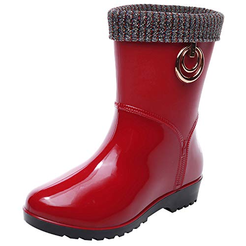 ANUFER Damen Wasserdicht Mittlere Wade Regenstiefel mit Herausnehmbarem Innenfutter Slipper Gummistiefel Rot SN021240 EU38 von ANUFER