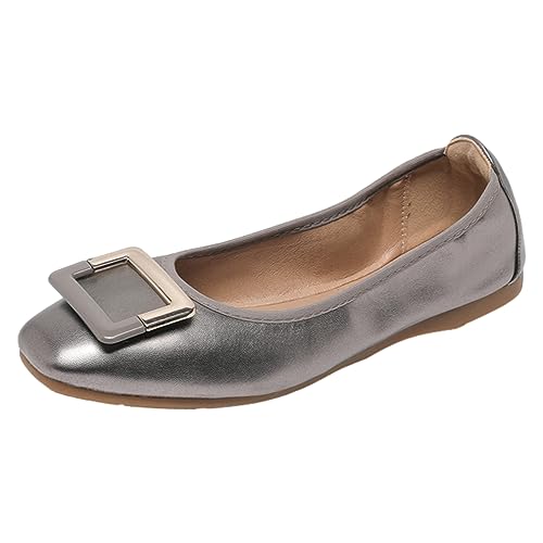 ANUFER Damen Weich Ballerinas Quadratische Zehenpartie Slip-On Wanderschuhe Pistolenfarbe DX2830 EU37 von ANUFER