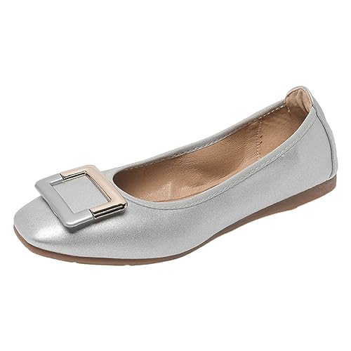 ANUFER Damen Weich Ballerinas Quadratische Zehenpartie Slip-On Wanderschuhe Silber DX2830 EU38 von ANUFER