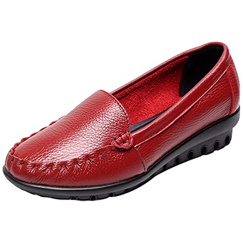 ANUFER Damen Weich Schlüpfen echtes Leder Kleiner Keilabsatz Lässige Loafer Wanderschuhe Rot SN020534 EU37 von ANUFER