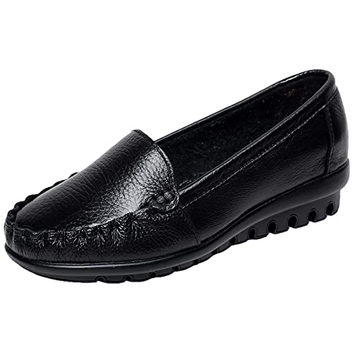 ANUFER Damen Weich Schlüpfen echtes Leder Kleiner Keilabsatz Lässige Loafer Wanderschuhe Schwarz SN020534 EU36 von ANUFER