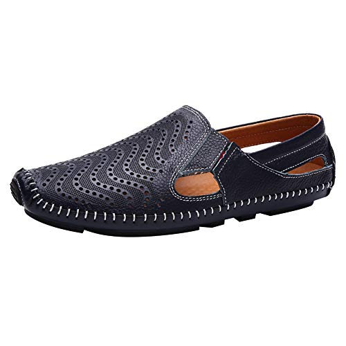 ANUFER Herren Atmungsaktiv Echtes Leder Ausgehöhlt Sommer Flache Slipper Schlüpfen Mokassins Fahrende Schuhe Marineblau SN010611 EU39 von ANUFER