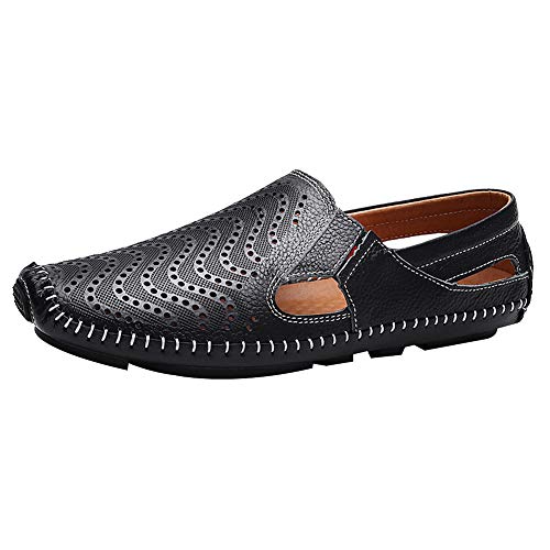 ANUFER Herren Atmungsaktiv Echtes Leder Ausgehöhlt Sommer Flache Slipper Schlüpfen Mokassins Fahrende Schuhe Schwarz SN010611 EU44.5 von ANUFER
