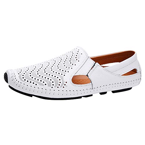 ANUFER Herren Atmungsaktiv Echtes Leder Ausgehöhlt Sommer Flache Slipper Schlüpfen Mokassins Fahrende Schuhe Weiß SN010611 EU39 von ANUFER