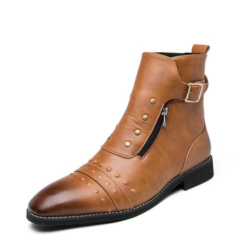 ANUFER Herren Cool Niet Spitze Zehe Stiefeletten Verstellbare Schnalle Seitlicher Reißverschluss Elegante Stiefel Braun SD5A50808 EU45 von ANUFER