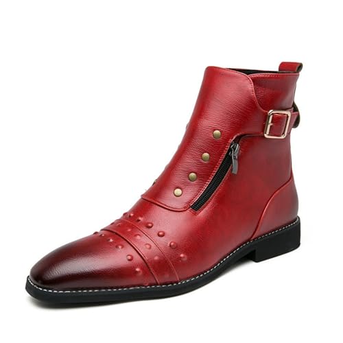 ANUFER Herren Cool Niet Spitze Zehe Stiefeletten Verstellbare Schnalle Seitlicher Reißverschluss Elegante Stiefel Rot SD5A50808 EU43 von ANUFER