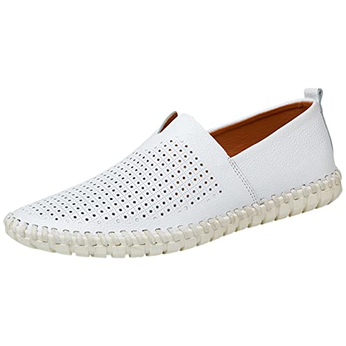 ANUFER Herren Echtleder Loafer-Wohnungen Schlüpfen Sanft Handgefertigte Sohle Sommer Ausgehöhlt Lässige Fahrschuhe Weiß SN070560-2 EU44.5 von ANUFER