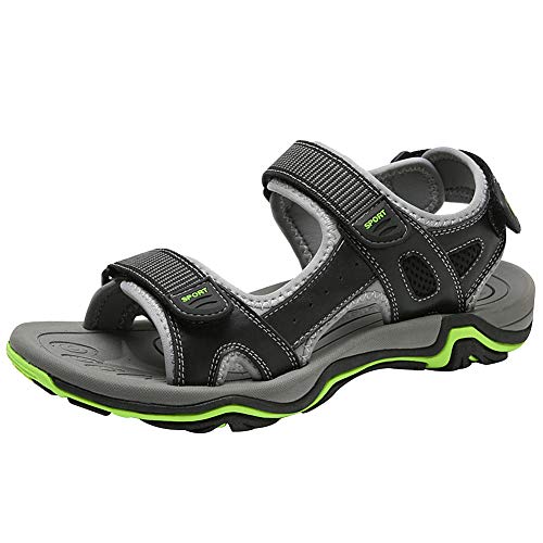 ANUFER Herren Gemütlich Rutschfest Draussen Sport Sandalen Flach Leicht Dreifachklettverschluss Echtes Leder Beiläufig Wanderschuhe Schwarz SN010411 EU44.5 von ANUFER