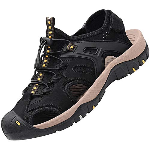 ANUFER Herren Geschlossene Zehen Weiche Sohle Befestigung Leder Draussen Sport Wandern Sandalen Schuhe Schwarz SN01419 EU45 von ANUFER