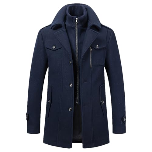ANUFER Herren Isoliert Wollmischung Trenchcoat Einreihig Winter Peacoat mit Abnehmbarem Innenkragen SN0711180 Marineblau L von ANUFER