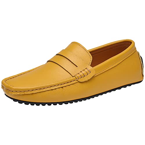 ANUFER Herren Klassisch Pennyloafer Flach Schlüpfen Sanft Spaltleder Mokassins Fahrschuhe Gelb SN070440 EU42 von ANUFER