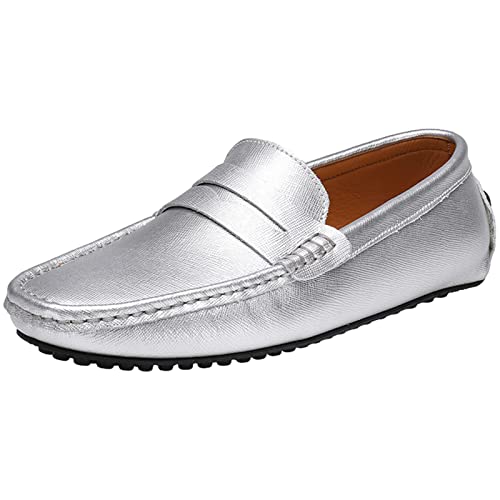 ANUFER Herren Klassisch Pennyloafer Flach Schlüpfen Sanft Spaltleder Mokassins Fahrschuhe Silber SN070440 EU44.5 von ANUFER