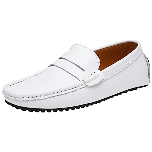 ANUFER Herren Klassisch Pennyloafer Flach Schlüpfen Sanft Spaltleder Mokassins Fahrschuhe Weiß SN070440 EU45.5 von ANUFER