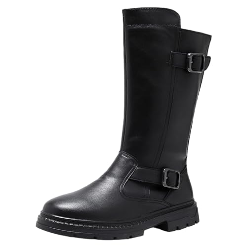 ANUFER Herren Mittlere Wade Bikerstiefel Seitlicher Reißverschluss Runde Zehenpartie Schwarz Lederstiefel SN0711131 EU39 von ANUFER