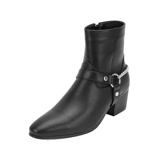 ANUFER Herren Mittlerer Blockabsatz Stiefeletten Mode Metallkette Seitlicher Reißverschluss Bikerstiefel Schwarz SD5A40603 EU43 von ANUFER