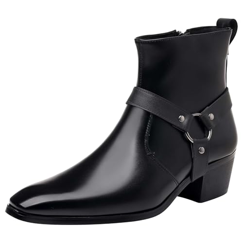 ANUFER Herren Mittlerer Blockabsatz Stiefeletten Punk Nietgurte Seitlicher Reißverschluss Bikerstiefel Schwarz SN0708263 EU45.5 von ANUFER