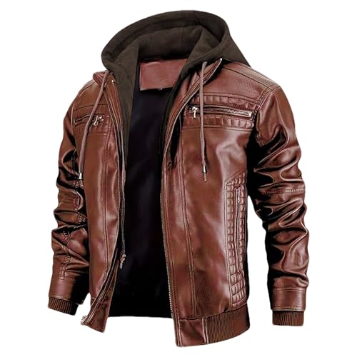 ANUFER Herren Mode PU-Kunstleder Motorradjacke Stehkragen Reißverschluss Bomberjacke mit Abnehmbarer Kapuze SN0710118 Burgunderrot 2XL von ANUFER