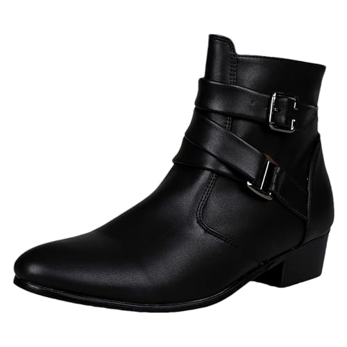 ANUFER Herren Stilvoll Spitze Zehenpartie Stiefeletten Western-Absatz Seitlicher Reißverschluss Leder Dress Stiefeletten Schwarz SN079209 EU43 von ANUFER