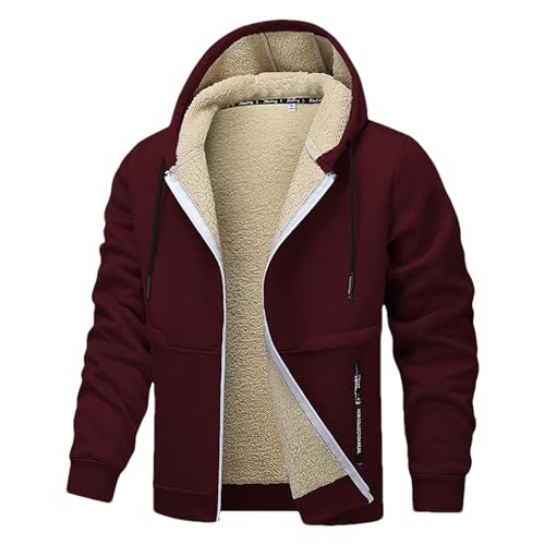 ANUFER Herren Thermisch Sherpa Fleece Gefüttert Sweatshirt Jacke Winddicht Reißverschluss Kapuzenjacke mit Taschen SN0710117 Burgunderrot L von ANUFER