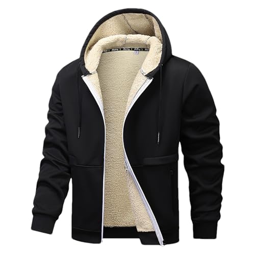 ANUFER Herren Thermisch Sherpa Fleece Gefüttert Sweatshirt Jacke Winddicht Reißverschluss Kapuzenjacke mit Taschen SN0710117 Schwarz M von ANUFER
