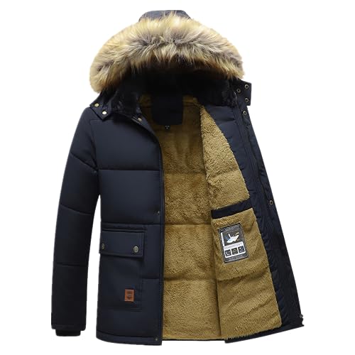 ANUFER Herren Thermisch Winter Parka Jacke Dickes Flauschfutter Baumwolle Gepolstert Mantel mit Abnehmbarer Pelzkapuze SD5A0831 Marineblau S von ANUFER