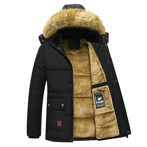 ANUFER Herren Thermisch Winter Parka Jacke Dickes Flauschfutter Baumwolle Gepolstert Mantel mit Abnehmbarer Pelzkapuze SD5A0831 Schwarz S von ANUFER