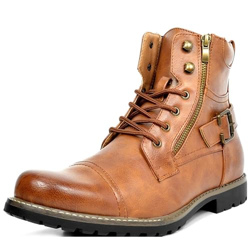ANUFER Herren Weinlese Kappen-Zehe Bikerstiefel Geschnürt Doppelter Reißverschluss Mode Stiefeletten Braun SD5A40601 EU44 von ANUFER