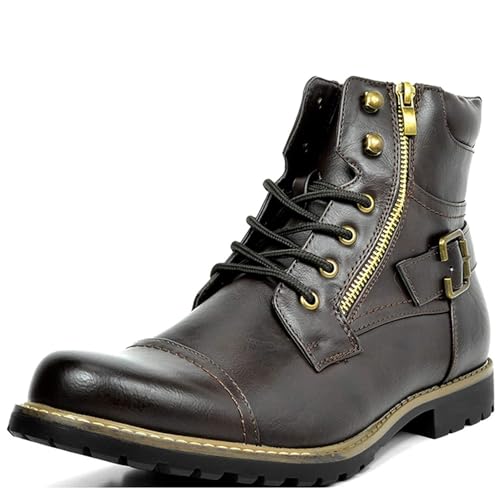 ANUFER Herren Weinlese Kappen-Zehe Bikerstiefel Geschnürt Doppelter Reißverschluss Mode Stiefeletten Kaffee SD5A40601 EU44 von ANUFER