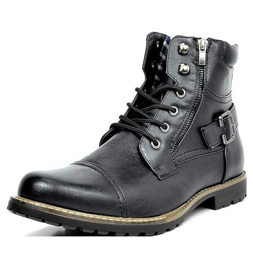 ANUFER Herren Weinlese Kappen-Zehe Bikerstiefel Geschnürt Doppelter Reißverschluss Mode Stiefeletten Schwarz SD5A40601 EU41.5 von ANUFER