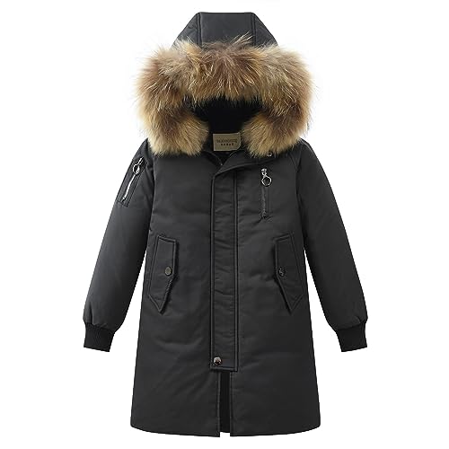 ANUFER Jungen Mittlere Länge Daunenjacke Kinder Thermisch Winter Kapuze Parka-Mantel SN0708230 Schwarz 11-12 Jahre von ANUFER