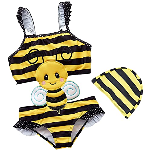 ANUFER Mädchen Einteiliger Badeanzug Liebenswert Tierisches Thema Bademode für Babys mit Schwimmhaube SN070269 Gelb Gestreifte Biene 2 Jahre von ANUFER