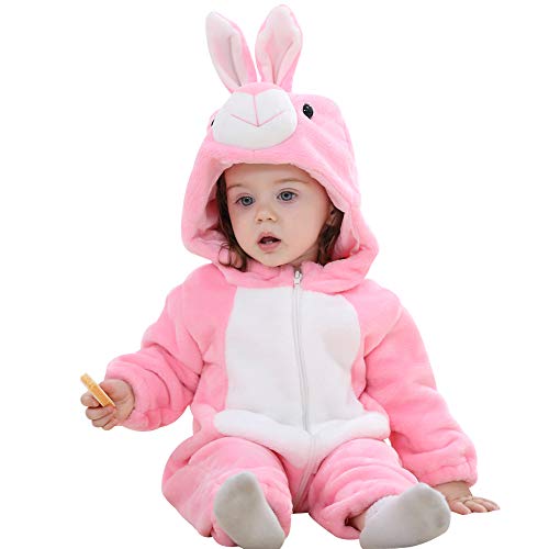 ANUFER Unisex Baby Mit Kapuze Strampler Flanell Niedlich Tier Overall Pyjama 0-36 Monate Rosa Kaninchen SN07652 0-6 Monate von ANUFER