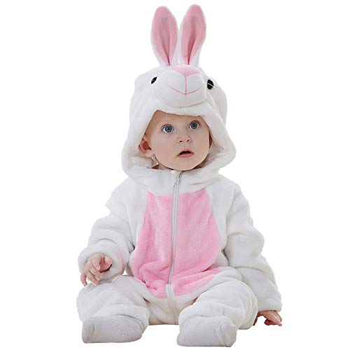 ANUFER Unisex Baby Mit Kapuze Strampler Flanell Niedlich Tier Overall Pyjama 0-36 Monate Weißer Hase SN07652 12-18 Monate von ANUFER