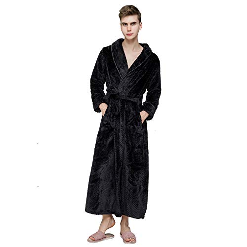 ANUFER Unisex Damen Herren Dick Flanell Morgenmantel Schalkragen Warm Lange Winter Bademantel Schwarz SN071027 M von ANUFER