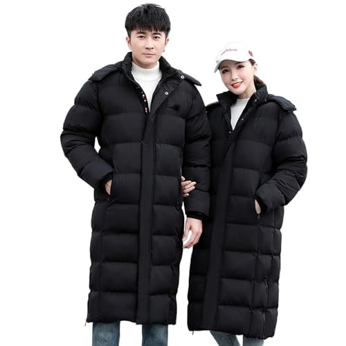 ANUFER Unisex Herren Damen Lang Puffer-Jacke Thermisch Baumwolle Gepolstert Wintermantel mit Abnehmbarer Kapuze SD5A1030 Schwarz 2XL von ANUFER