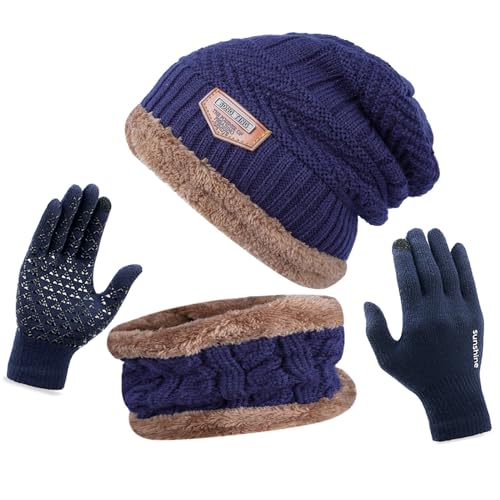 ANVEY Mütze Schal Set Herren mit Handschuhen mit Dicke Thermo Fleecefutter, 3 in 1 Schal Wintermütze Handschuhe Set Winter Beanie Mütze Schal Unisex Dunkelblau von ANVEY