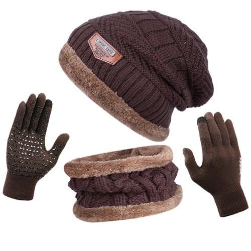 ANVEY Mütze Schal Set Herren mit Handschuhen mit Dicke Thermo Fleecefutter, 3 in 1 Schal Wintermütze Handschuhe Set Winter Beanie Mütze Schal Unisex Dunkelbraun von ANVEY