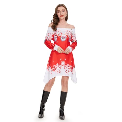 ANVIGO Kleid Weihnachten Damen, Weihnachtskleider Damen, Bedrucktes Weihnachtskleid, Weihnachten Print Langarmkleid, Schulterfreies Kleid mit Schneeflocken und Weihnachtsmann für Weihnachtsfeier von ANVIGO