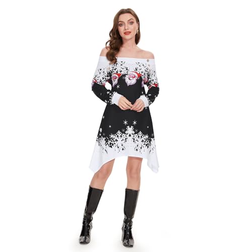 ANVIGO Kleid Weihnachten Damen, Weihnachtskleider Damen, Bedrucktes Weihnachtskleid, Weihnachten Print Langarmkleid, Schulterfreies Kleid mit Schneeflocken und Weihnachtsmann für Weihnachtsfeier von ANVIGO