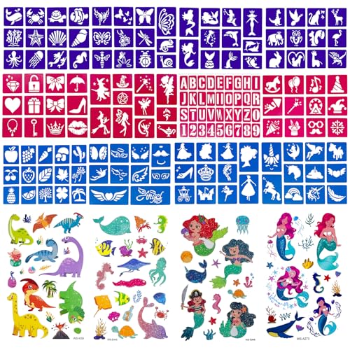 Tattoo Schablone für Kinder & Erwachsene, 12 Blätter 165 Henna Schablonen Glitzertattoos Schablonen Groß Temporäre Tattoo | 4 Blätter Meerjungfrau 60+ Glitzer Sticker Kinder für Mädchen Geburtstage von ANYE OUTLET