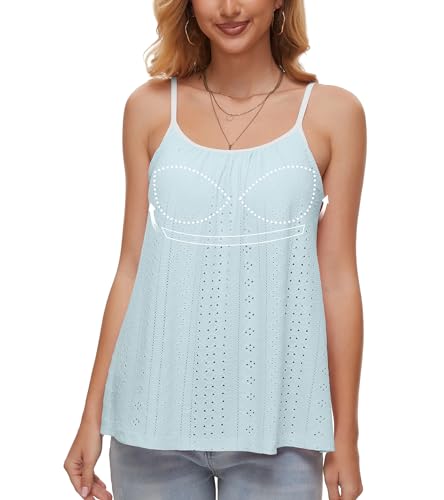 ANYFITTING Damen Eyelet Tank Tops mit Integriertem BH Ärmellose Spaghetti Strap Tops Damen Unterhemd BH Hemd mit U-Ausschnitt Loose Sommer Shirts Top Blau L von ANYFITTING