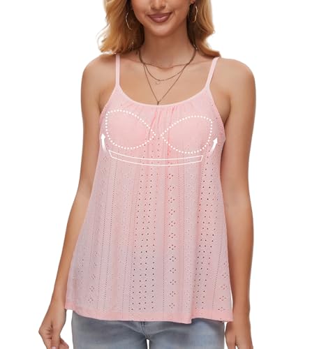 ANYFITTING Damen Eyelet Tank Tops mit Integriertem BH Ärmellose Spaghetti Strap Tops Damen Unterhemd BH Hemd mit U-Ausschnitt Loose Sommer Shirts Top Rosa XL von ANYFITTING