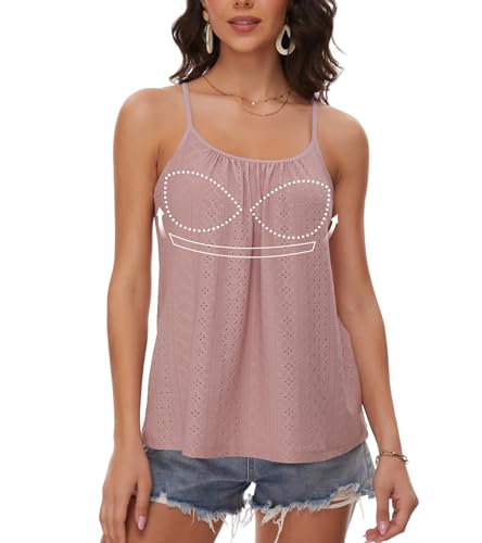 ANYFITTING Damen Eyelet Tank Tops mit Integriertem BH Ärmellose Spaghetti Strap Tops Damen Unterhemd BH Hemd mit U-Ausschnitt Loose Sommer Shirts Top Tiefes Rosa L von ANYFITTING